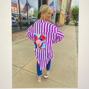 NEW AMELIA’S Frida Art To Wear Striped Purple White Tunic Shirt Ramie Cotton L